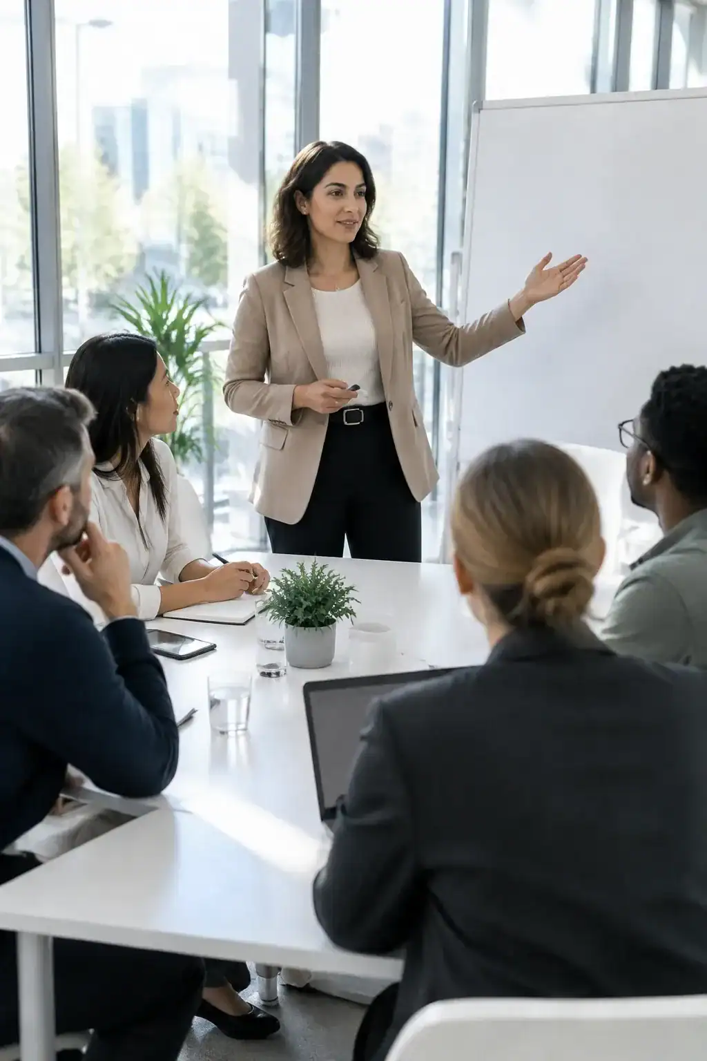 A woman in a blazer leading a meeting while colleagues listen