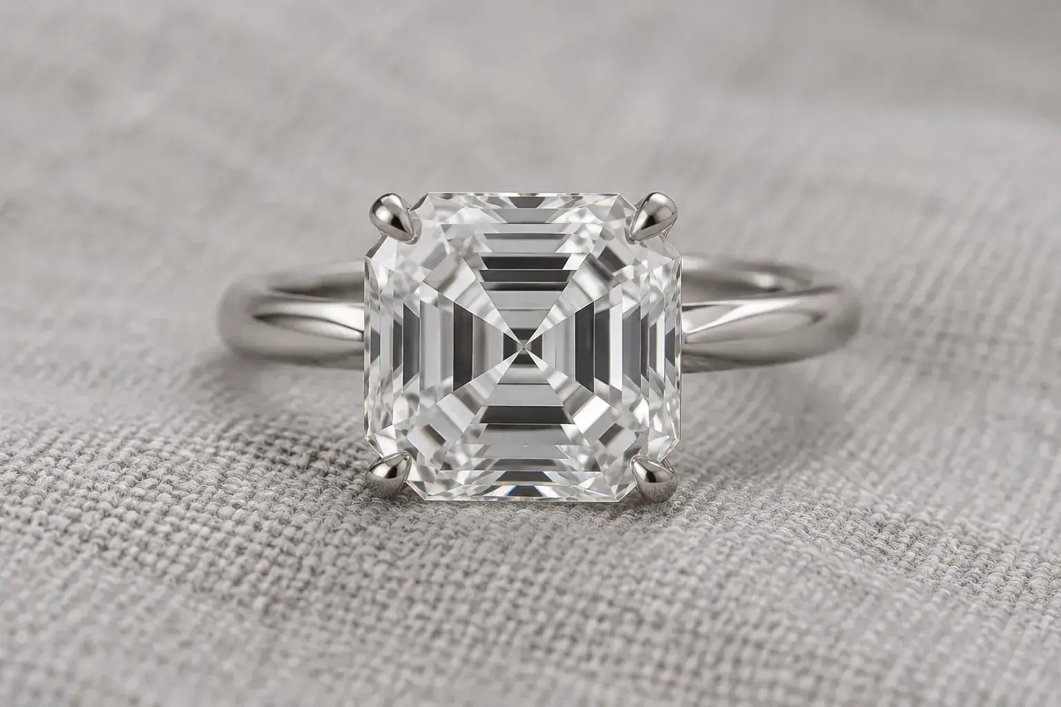 An Asscher cut diamond solitaire ring in platinum on grey linen, showing the square outline with cut corners and concentric step facets.