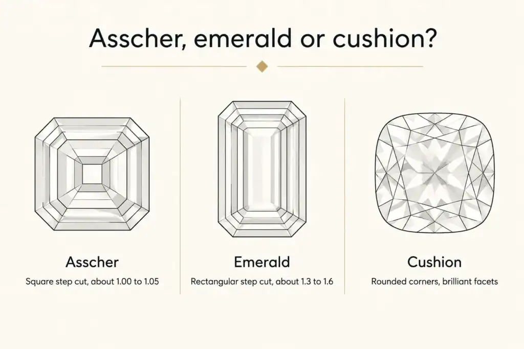 Diagram comparing Asscher, emerald and cushion cuts from above: square step cut about 1.00 to 1.05, rectangular step cut about 1.3 to 1.6, and rounded corners with brilliant facets.