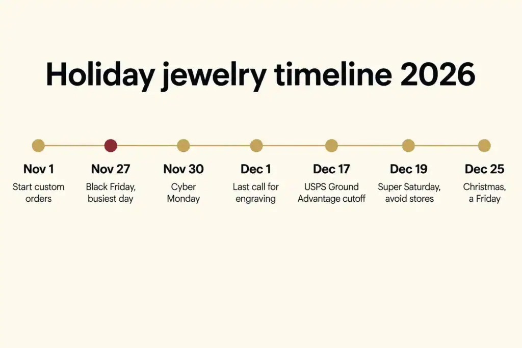 Holiday jewelry timeline for 2026: start custom orders Nov 1, Black Friday Nov 27, Cyber Monday Nov 30, last call for engraving Dec 1, USPS Ground Advantage cutoff Dec 17, Super Saturday Dec 19, Christmas on Friday Dec 25.