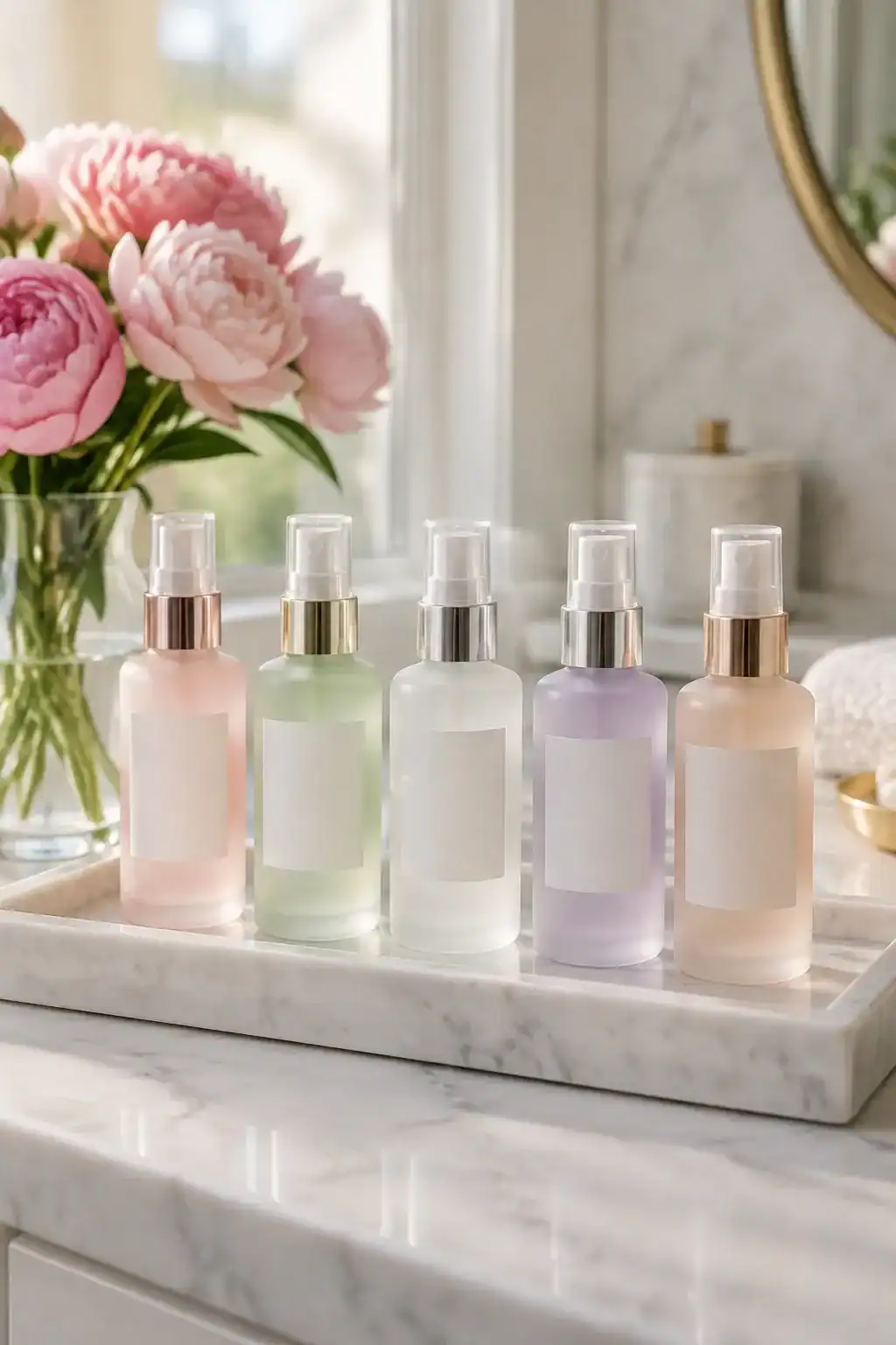 Pastel body mist bottles lined up on a marble vanity beside pink peonies