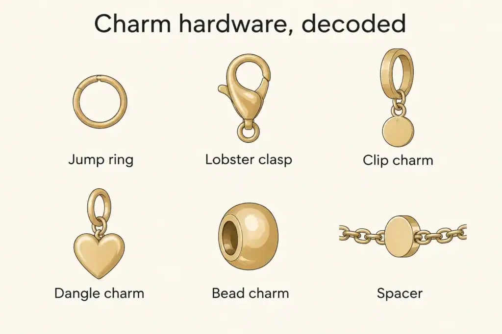Diagram of six charm jewelry parts: jump ring, lobster clasp, clip charm, dangle charm, bead charm and spacer.