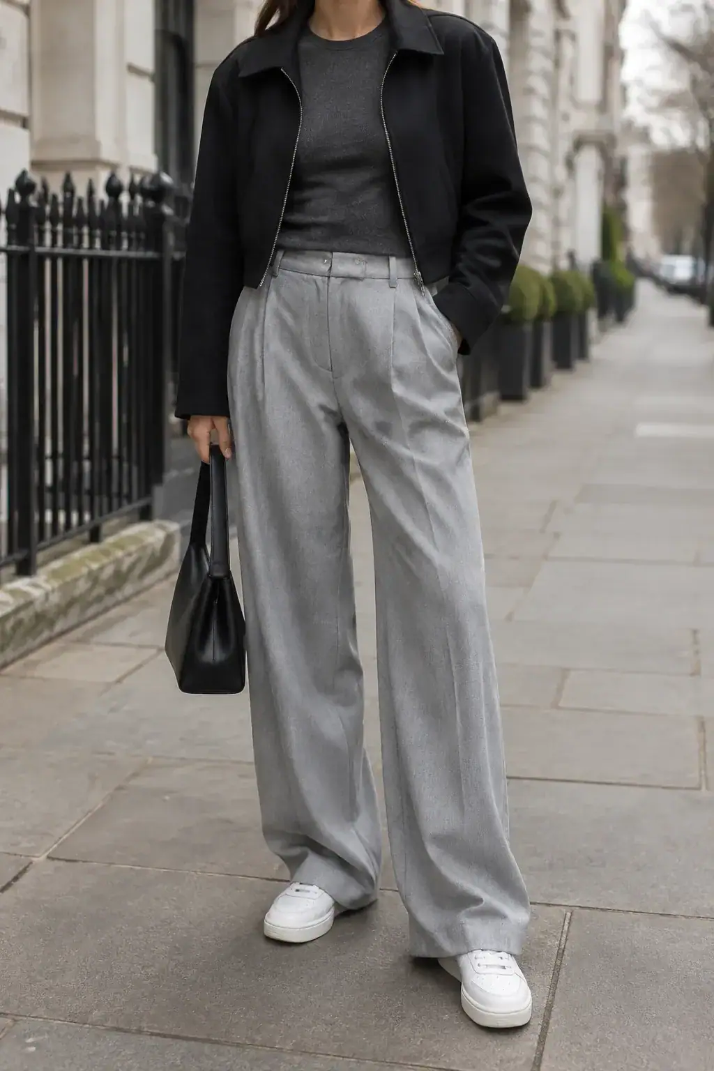 A fitted knit top with baggy grey trousers, a cropped black jacket and white sneakers.