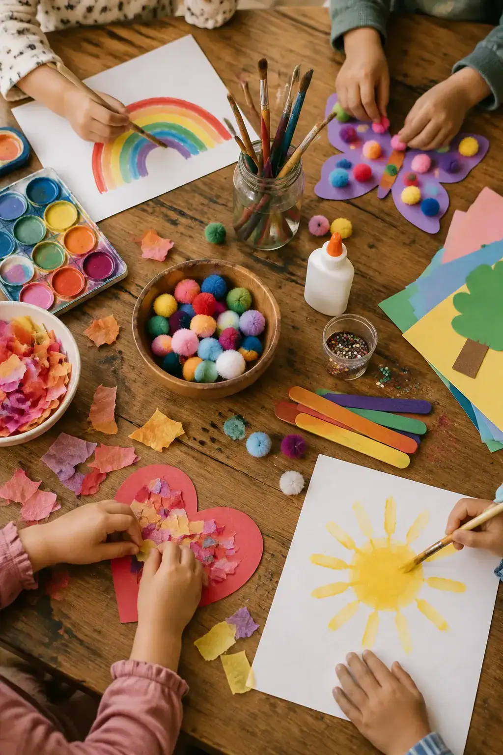 Children’s hands painting and gluing paper crafts at a table covered with supplies