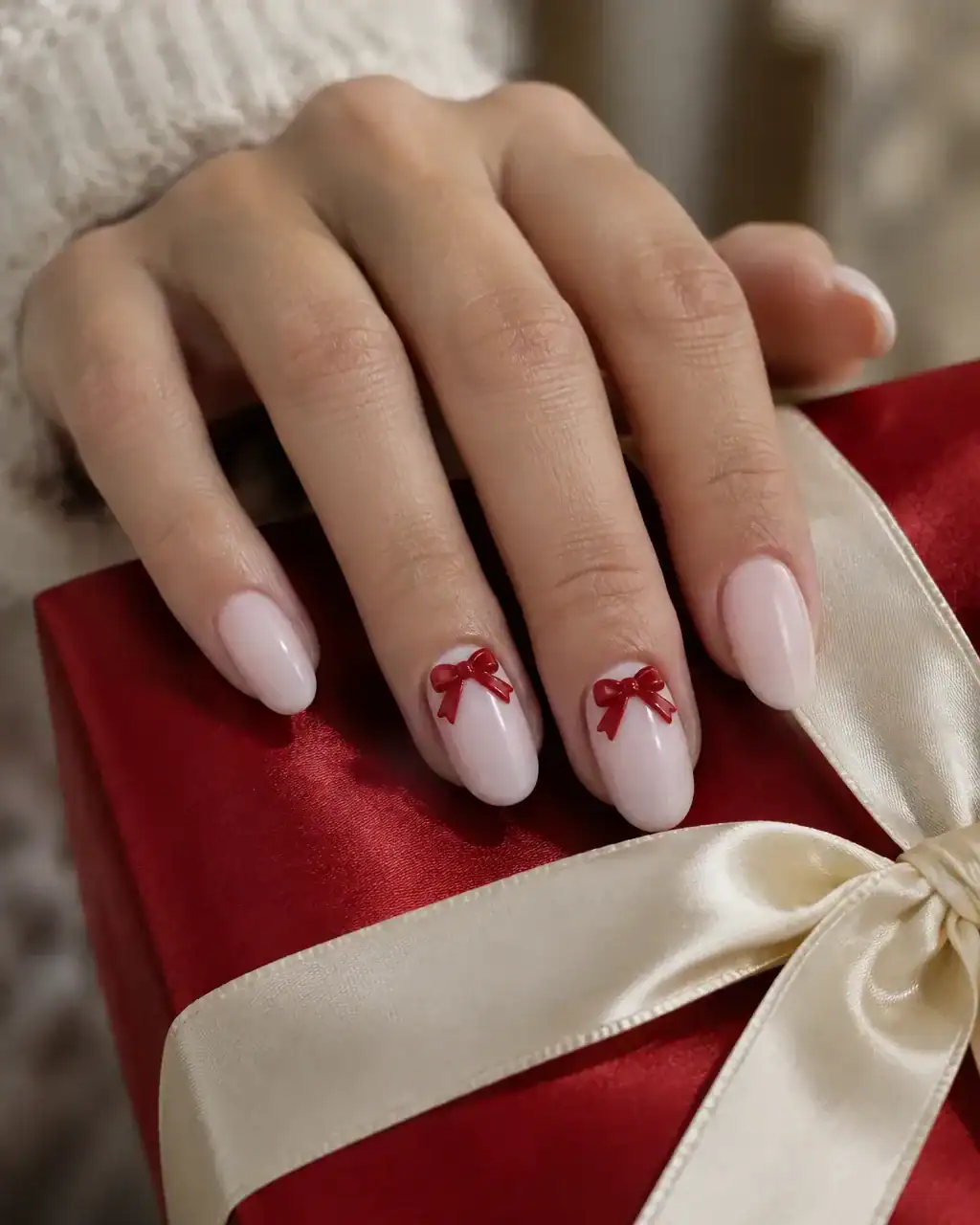 Milky pink nails with a small raised red 3D bow on two accent nails, resting on a red gift box
