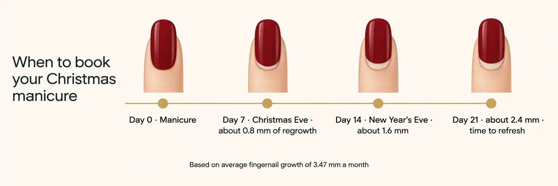 Timeline: a manicure on day 0 shows about 0.8 mm regrowth by Christmas Eve, 1.6 mm by New Year's Eve and 2.4 mm by day 21
