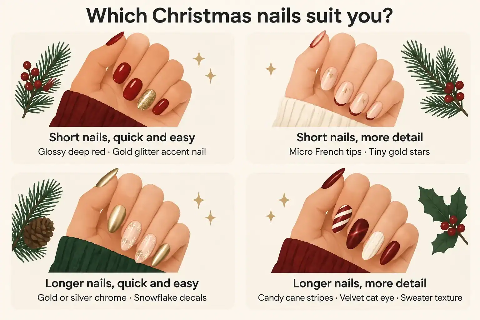 Infographic: Christmas nail designs sorted by nail length and skill, from glossy deep red to velvet cat eye