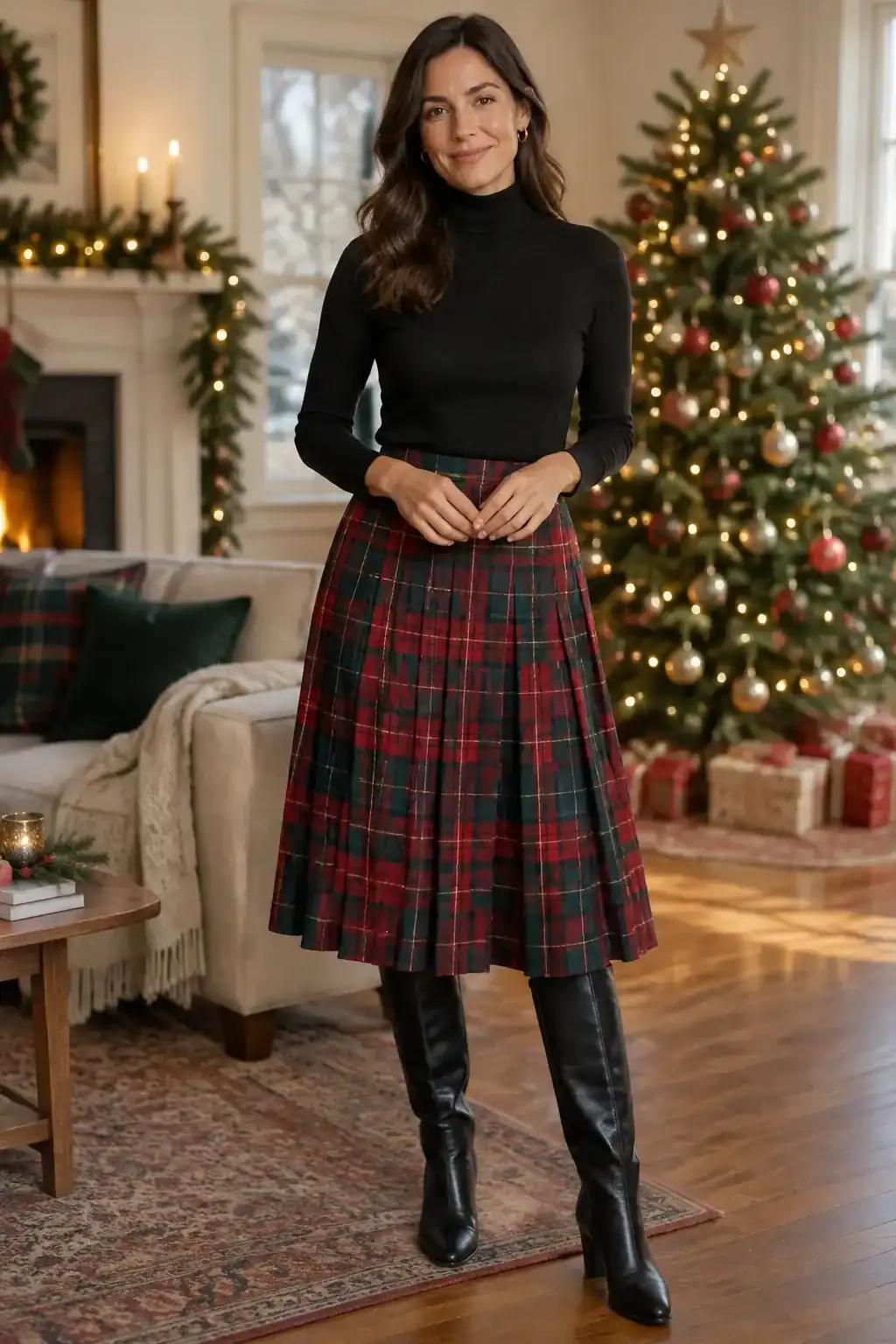 A woman in a red and green tartan midi skirt, black turtleneck and knee-high boots by a Christmas tree