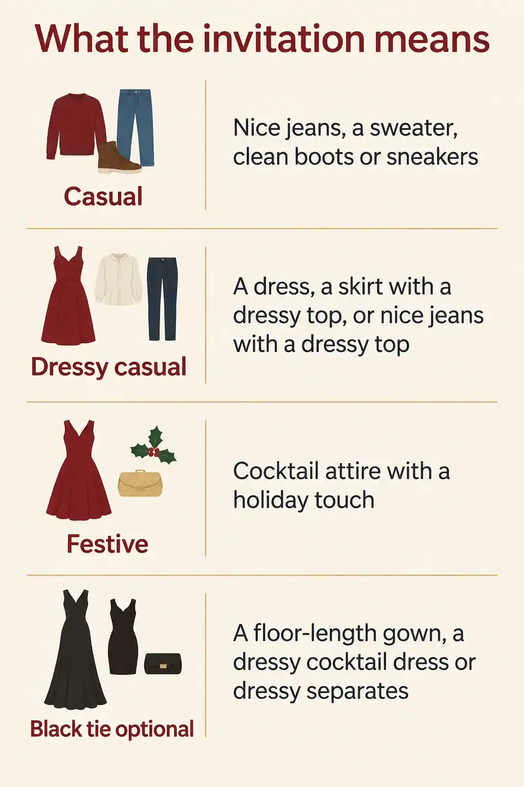 Infographic: Christmas party dress codes decoded, from casual and dressy casual to festive and black tie optional