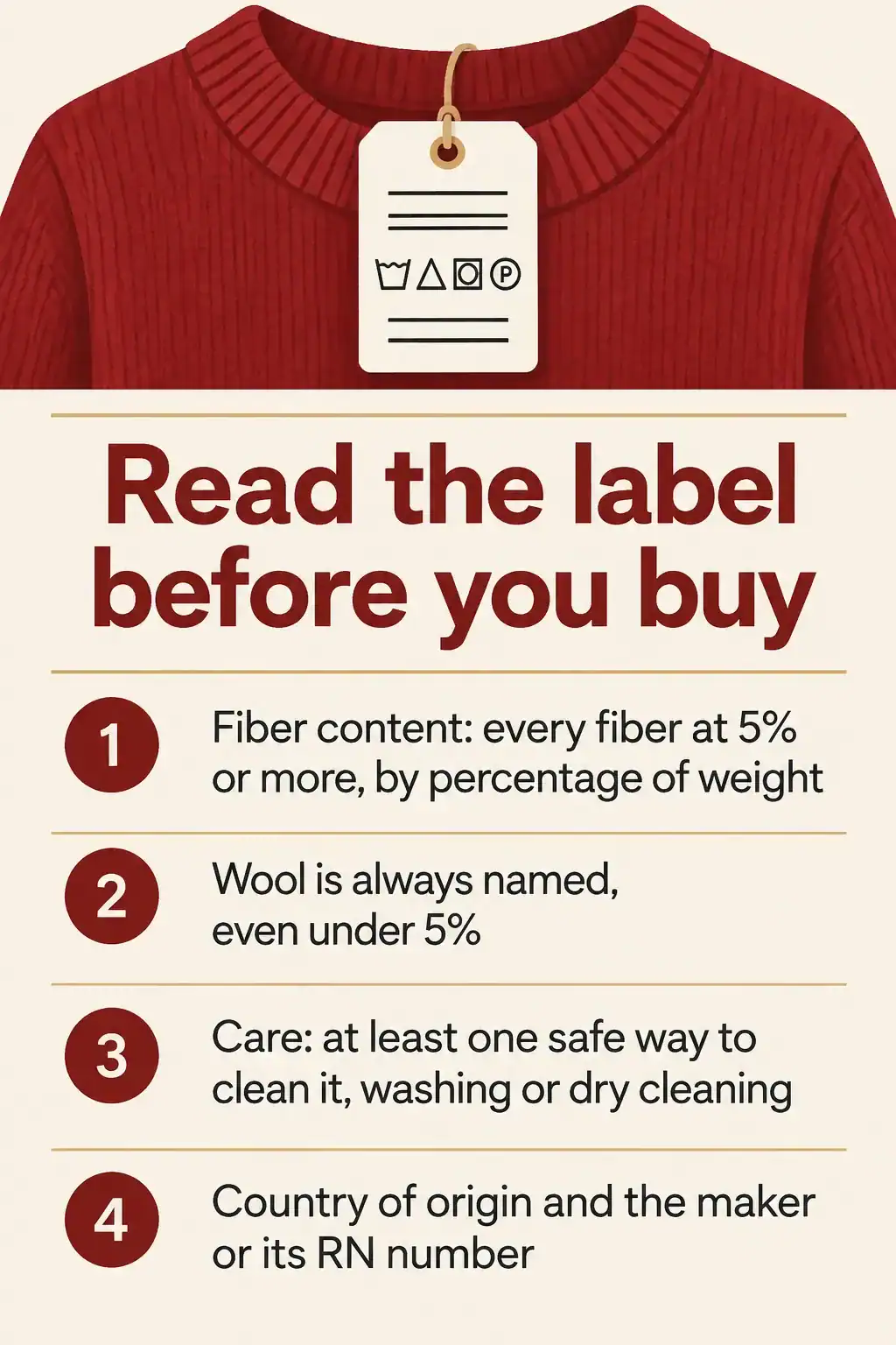 Infographic: what a US clothing label must show, from fiber content by percentage to care instructions and country of origin