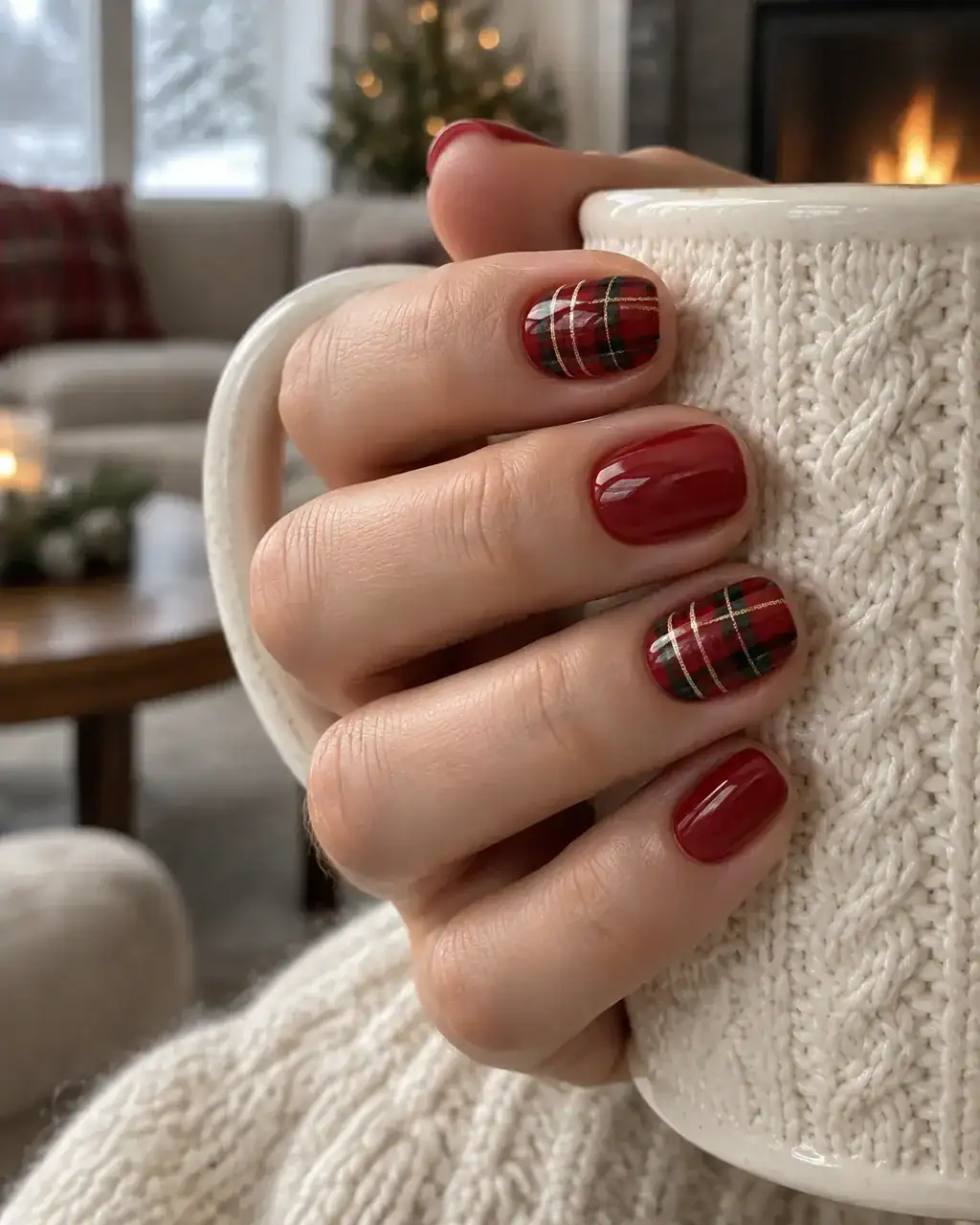 Short nails in red tartan plaid with green, black and gold lines, two nails in plain glossy red