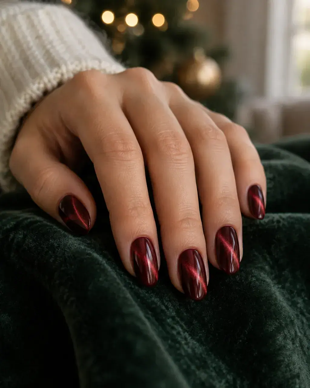 Burgundy velvet cat eye nails with a soft glowing band of shimmer, resting on dark green velvet
