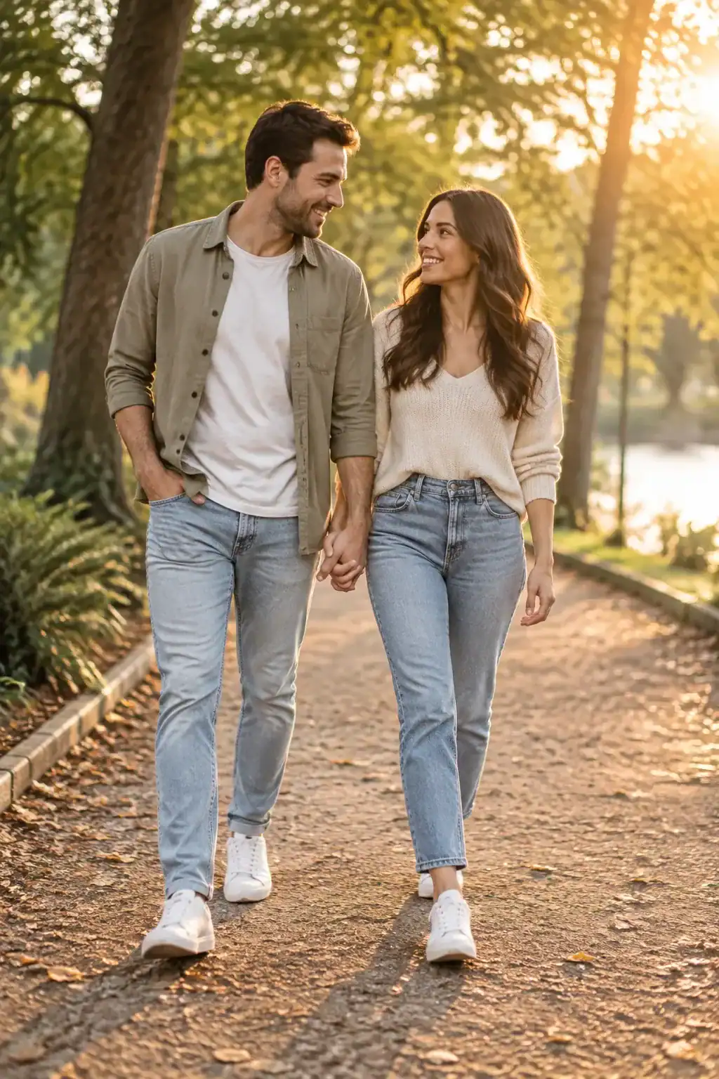 A couple holding hands and walking toward the camera on a park path at golden hour
