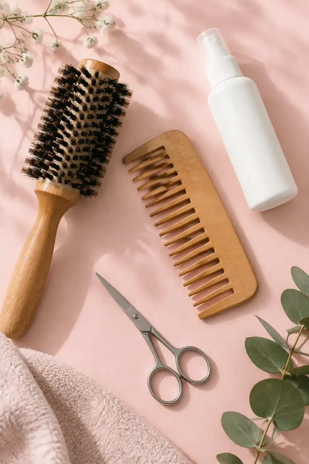 A round brush, a comb, small scissors and a spray bottle on a pale blush surface.