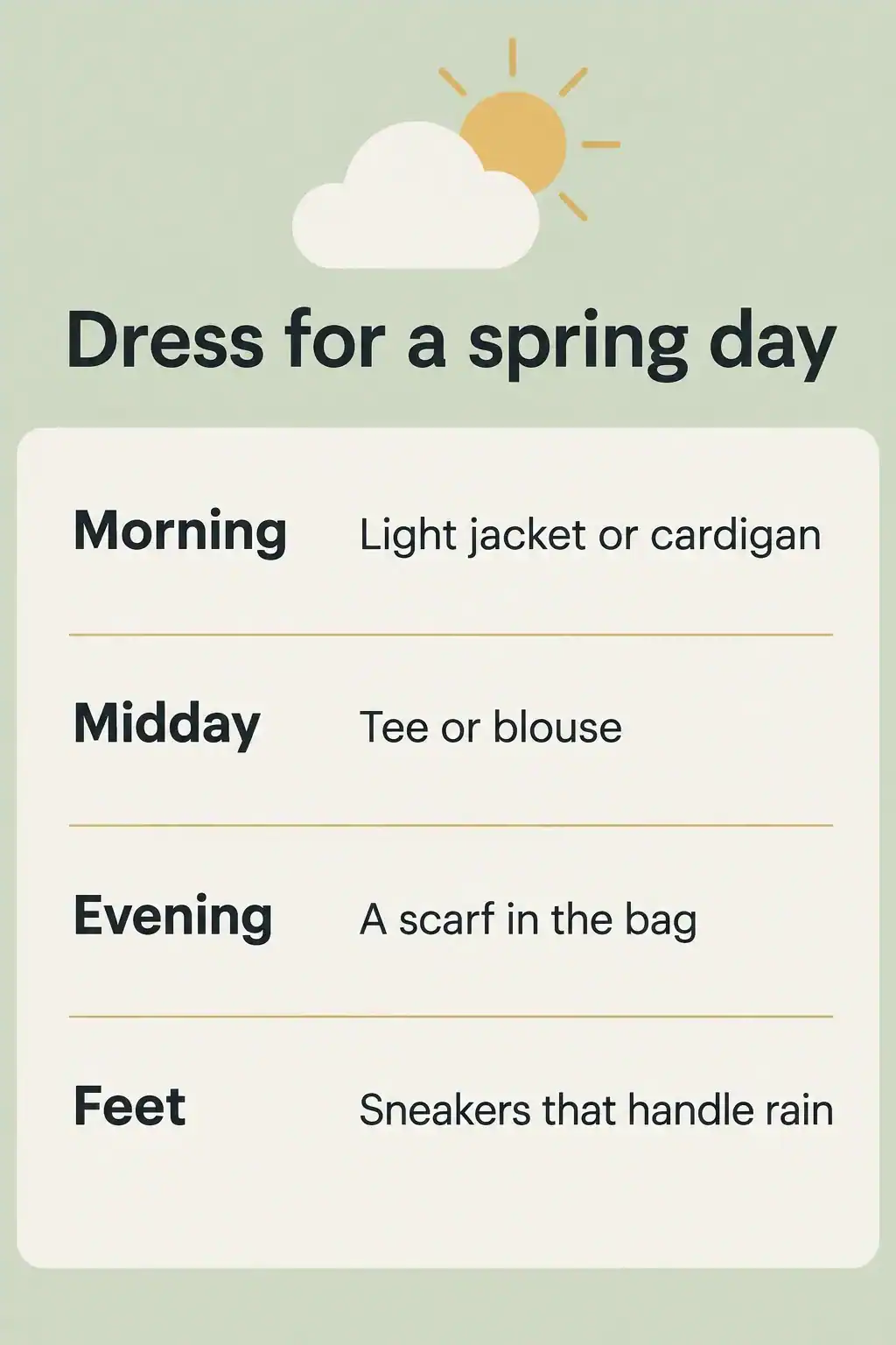 Dress for a spring day: a light jacket or cardigan in the morning, a tee or blouse at midday, a scarf in the bag for the evening and sneakers that handle rain