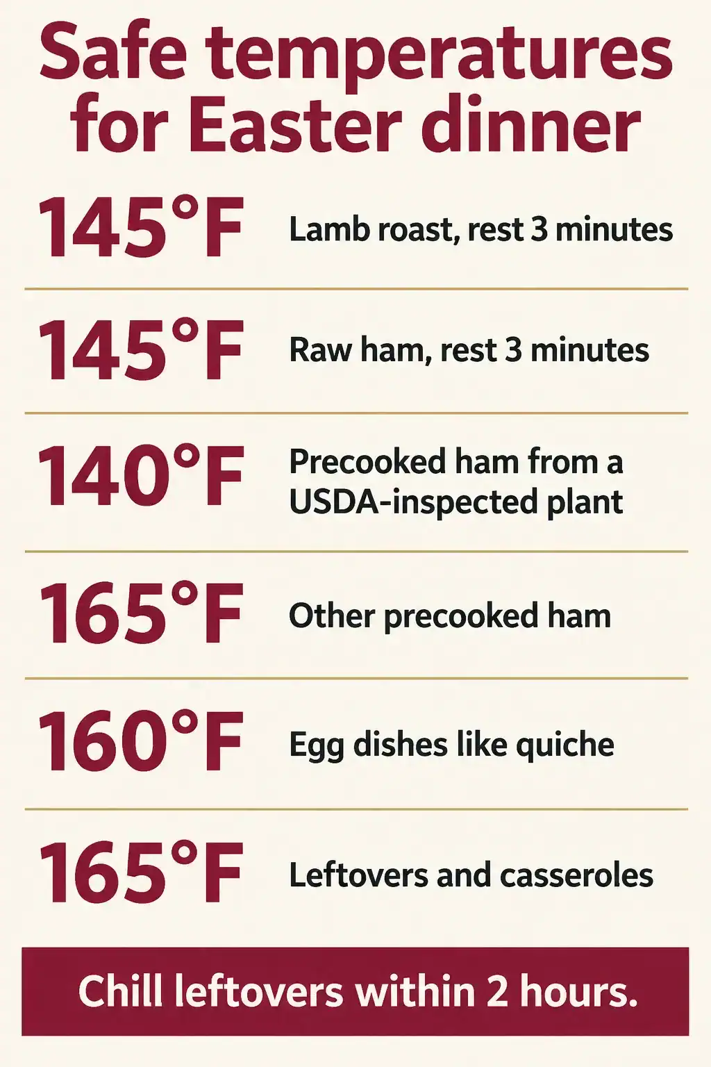 Safe temperatures for Easter dinner: lamb roast and raw ham 145 degrees Fahrenheit with a 3 minute rest, precooked ham from a USDA-inspected plant 140, other precooked ham 165, egg dishes 160, leftovers and casseroles 165, and chill leftovers within 2 hours