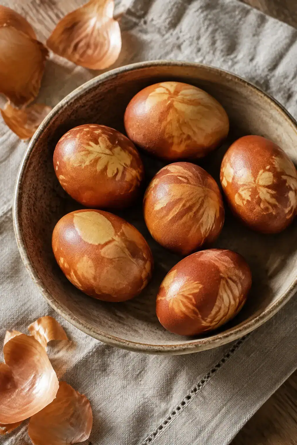 Six orange-brown Easter eggs dyed with onion skins, with faint leaf prints, in a ceramic bowl beside dry onion skins