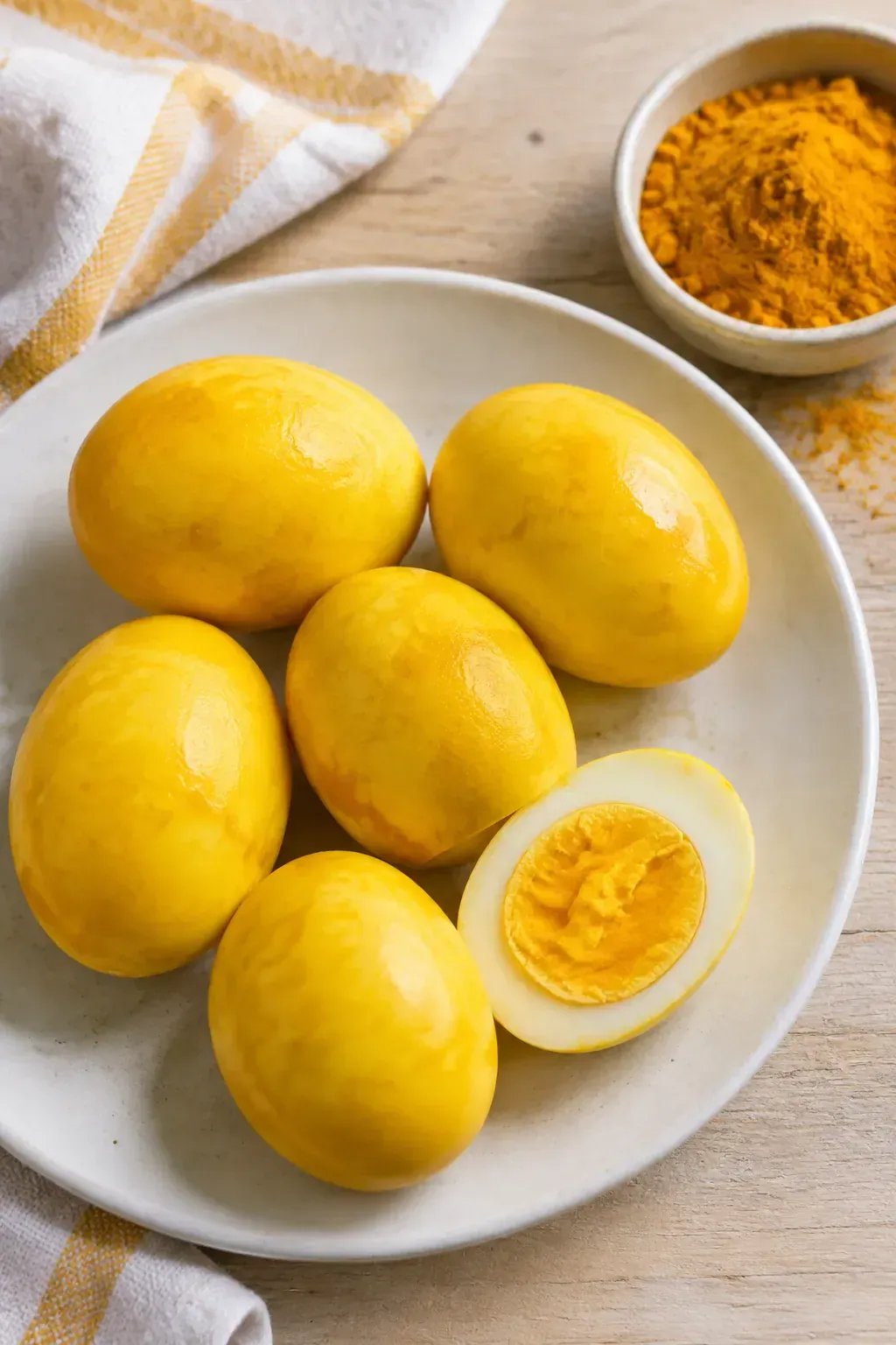 Five golden yellow Easter eggs dyed with turmeric on a white plate, one cut open, beside a bowl of turmeric powder