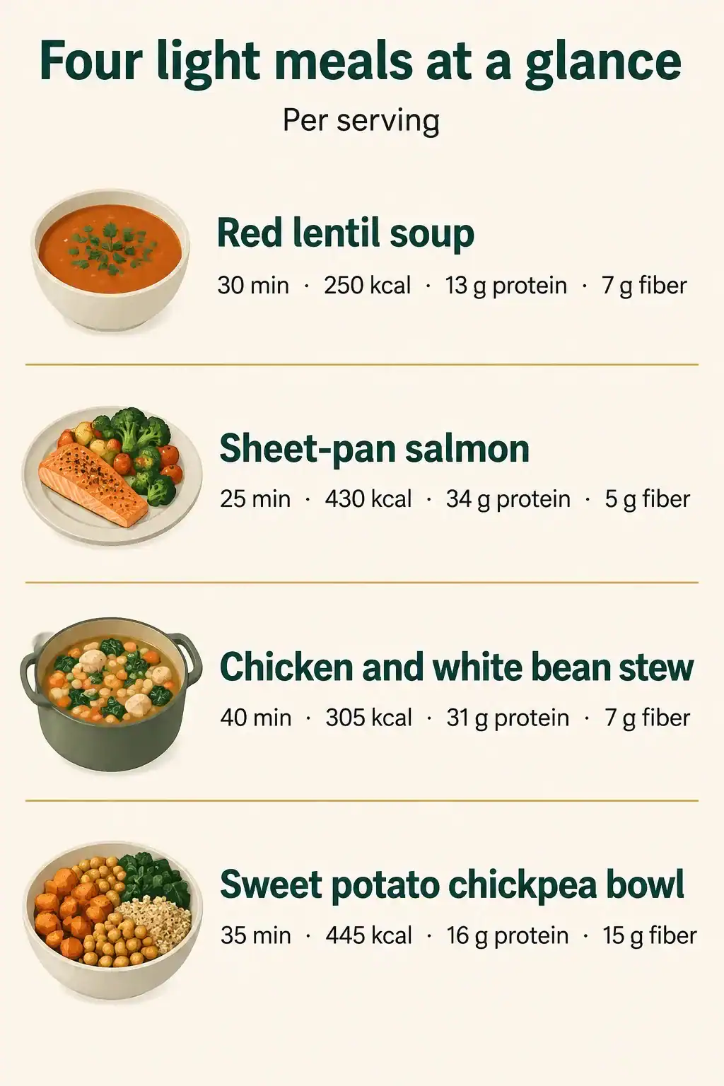Comparison: four light meals per serving, red lentil soup 250 kcal, sheet-pan salmon 430 kcal, chicken and white bean stew 305 kcal and sweet potato chickpea bowl 445 kcal