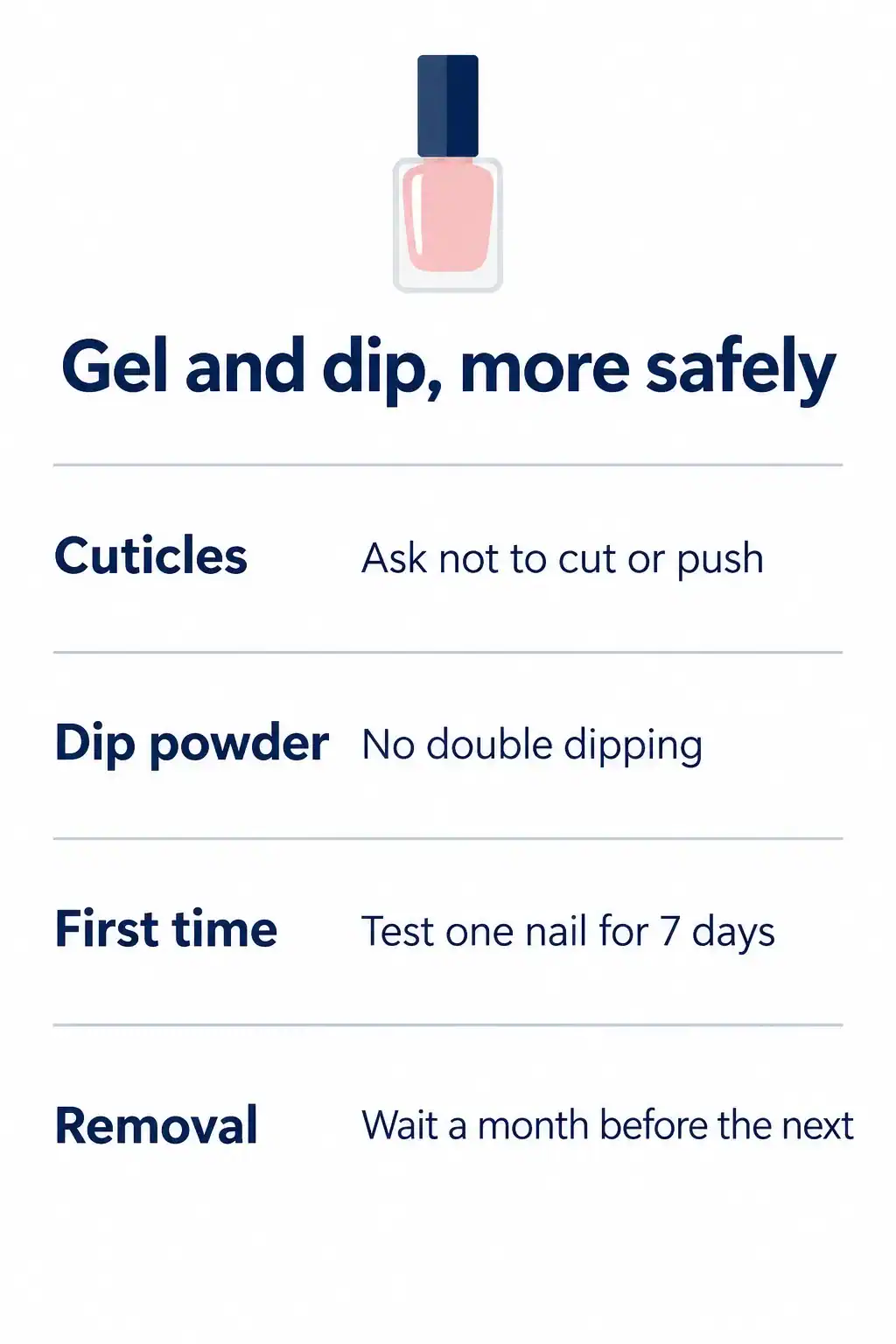 Gel and dip nails more safely: ask the tech not to cut or push your cuticles, avoid double dipping, test one nail for 7 days first and wait a month after removal before the next gel or dip manicure
