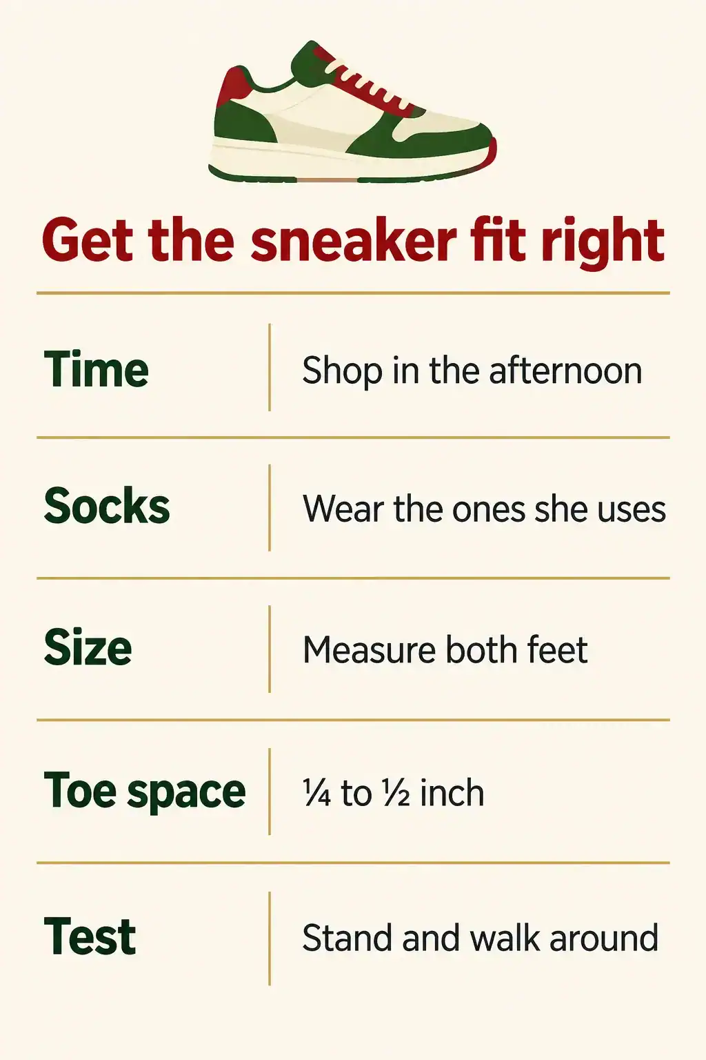 Sneaker fit checklist: shop in the afternoon, wear the socks she uses, measure both feet, leave a quarter to a half inch of toe space, then stand and walk around