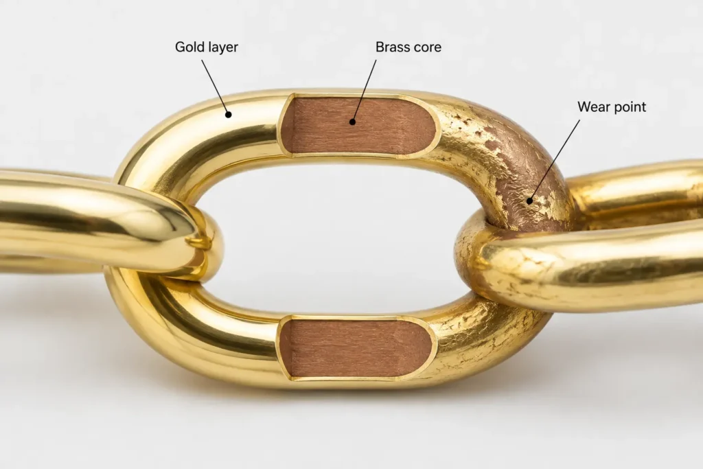 Cutaway of a gold-plated chain link: thin gold layer over a brass core, worn through at the wear point