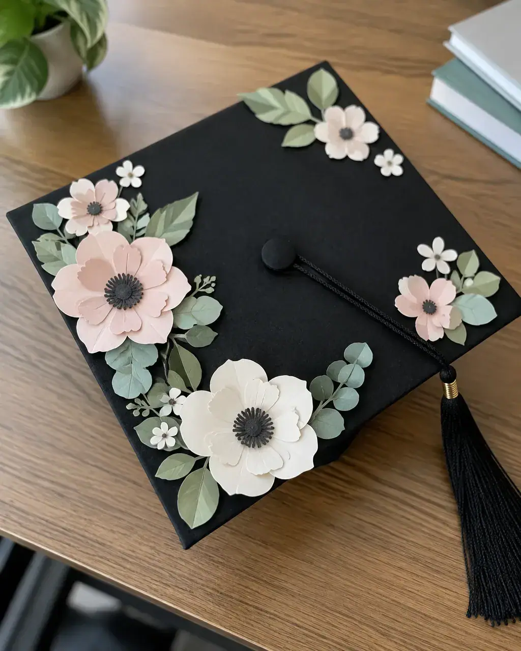 A graduation cap decorated with paper flowers and leaves in cream, blush and sage green