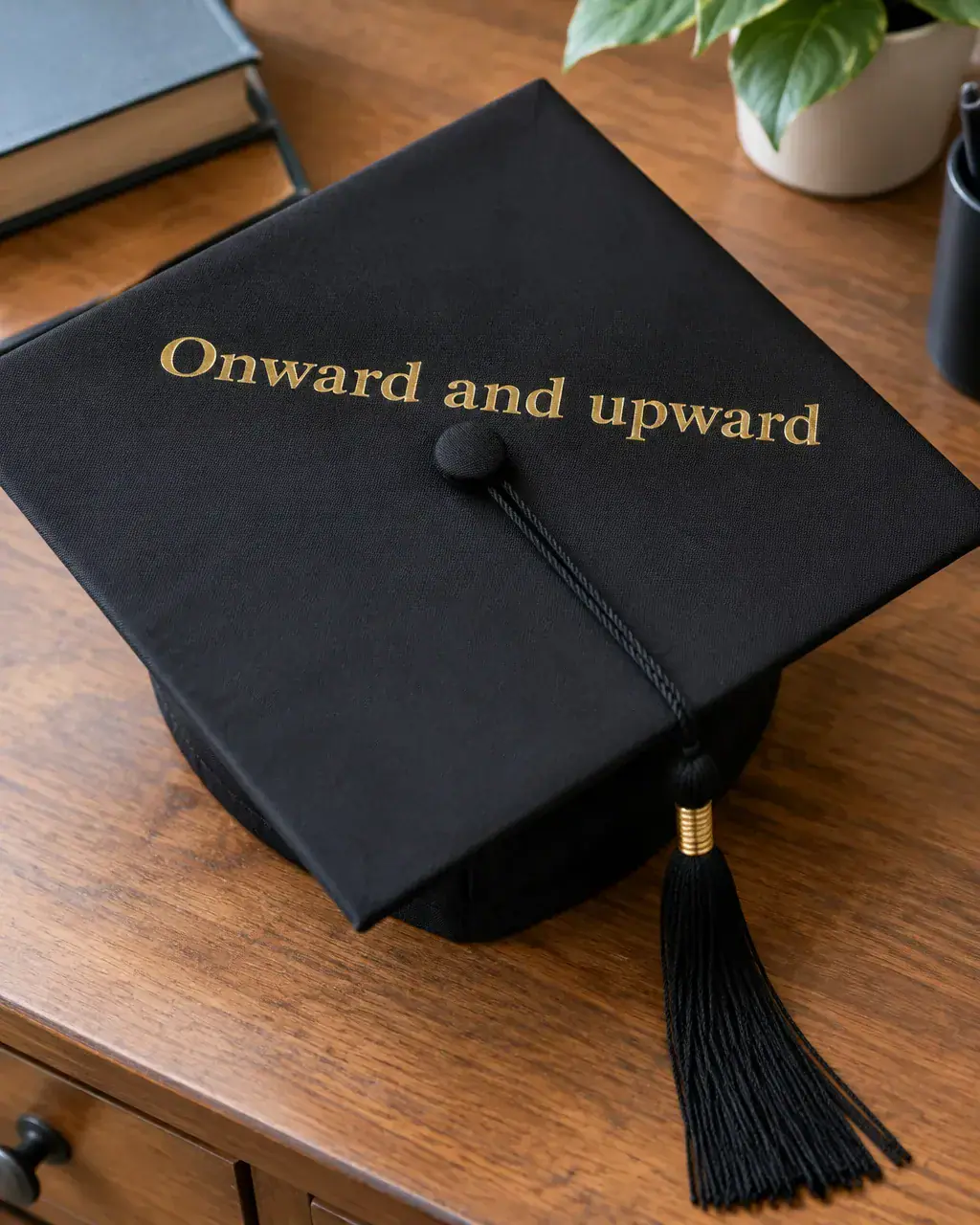 A black graduation cap with gold foil letters across the top reading Onward and upward