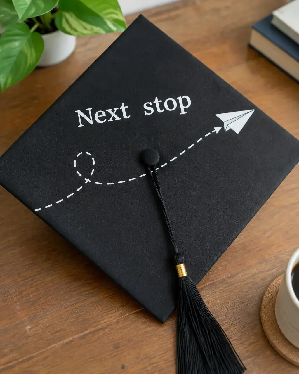 A black graduation cap with white letters reading Next stop and a dotted line ending in a paper airplane
