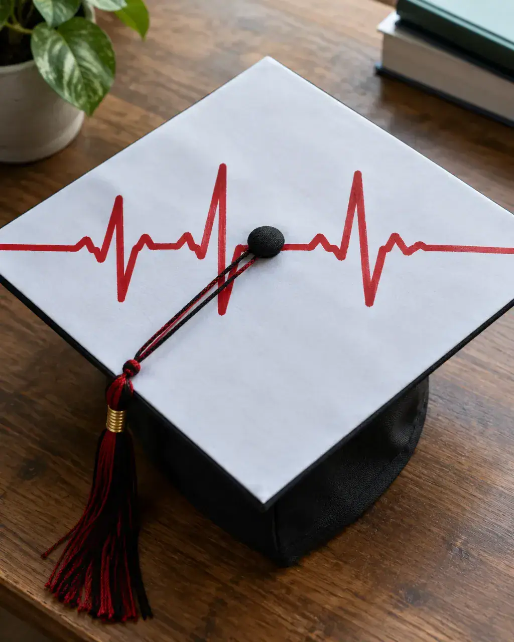 A graduation cap with a white panel and a single red heartbeat line across the top