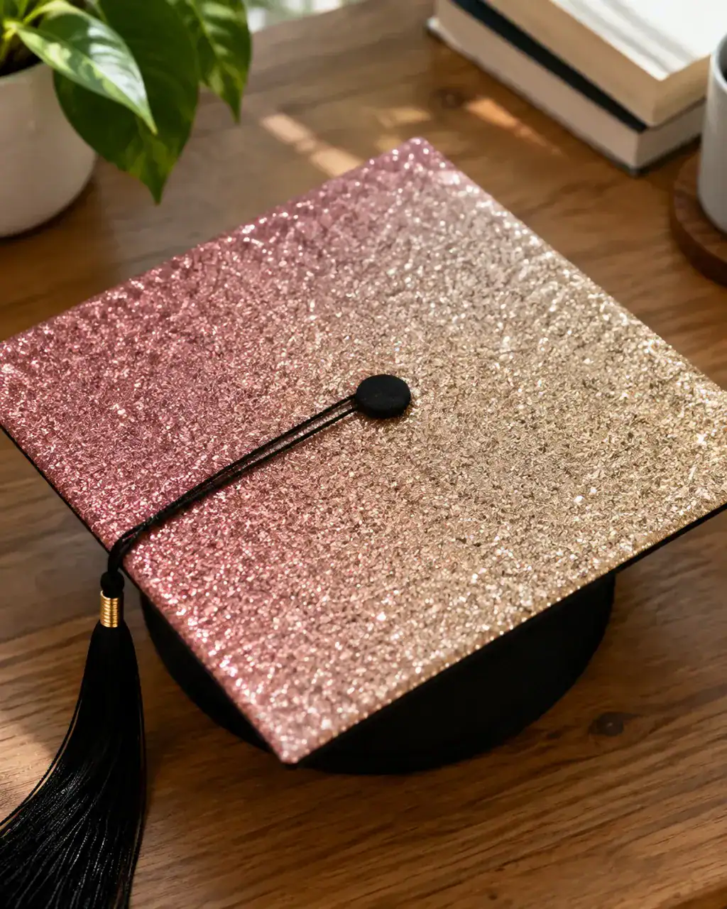 A graduation cap covered in fine glitter fading from rose pink to champagne gold