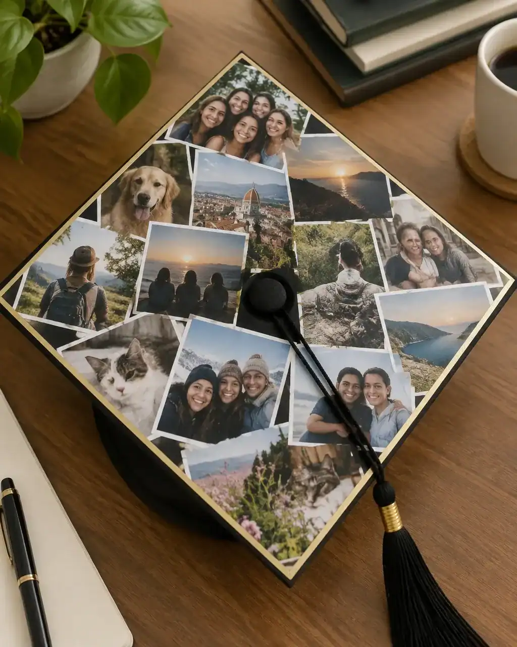 A black graduation cap with a flat collage of small printed photos and a thin gold border