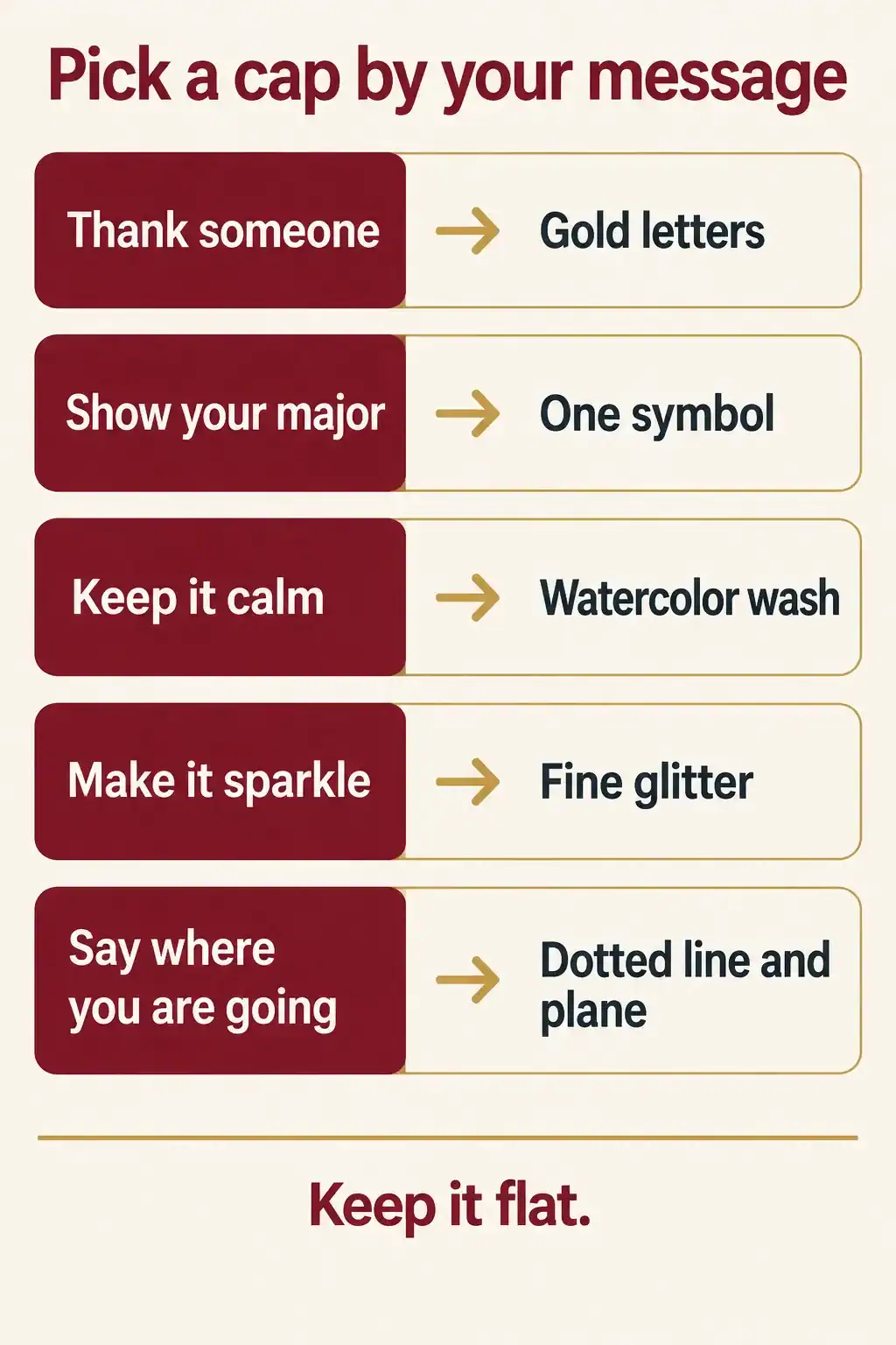 Graduation cap chooser: gold letters to thank someone, one symbol to show your major, a watercolor wash to keep it calm, fine glitter to sparkle, and a dotted line and plane to say where you are going