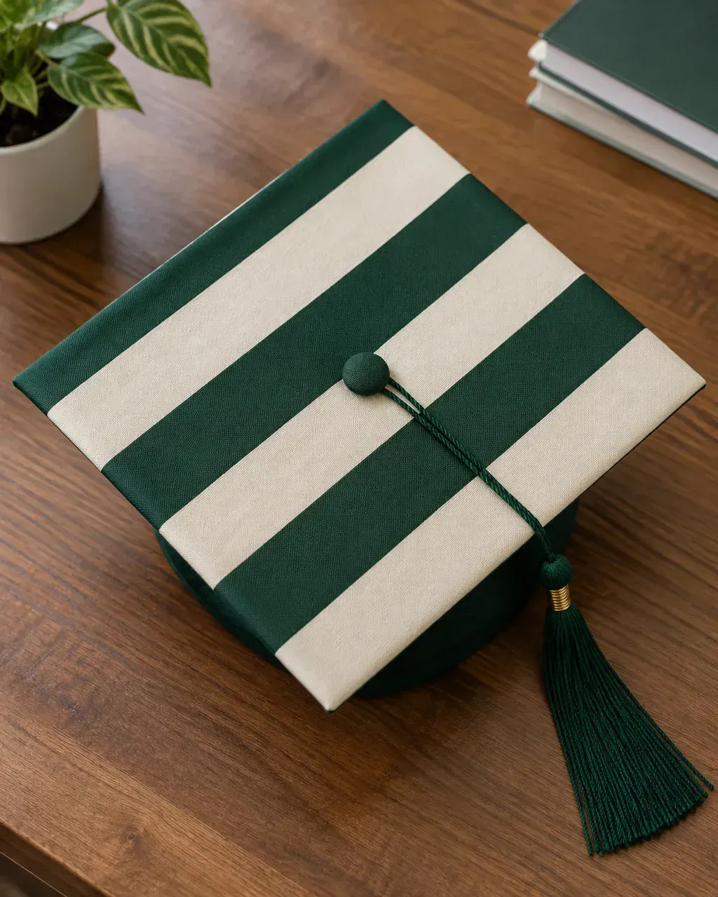 A graduation cap with bold stripes in deep green and cream