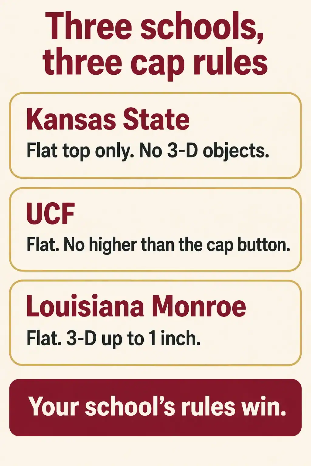 Graduation cap rules at three schools: Kansas State allows a flat top only with no 3-D objects, UCF allows flat decoration no higher than the cap button, and Louisiana Monroe allows 3-D pieces up to 1 inch