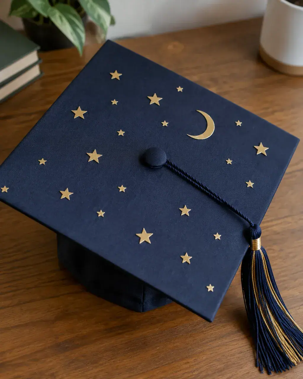 A graduation cap covered in navy paper with flat gold stars and a crescent moon