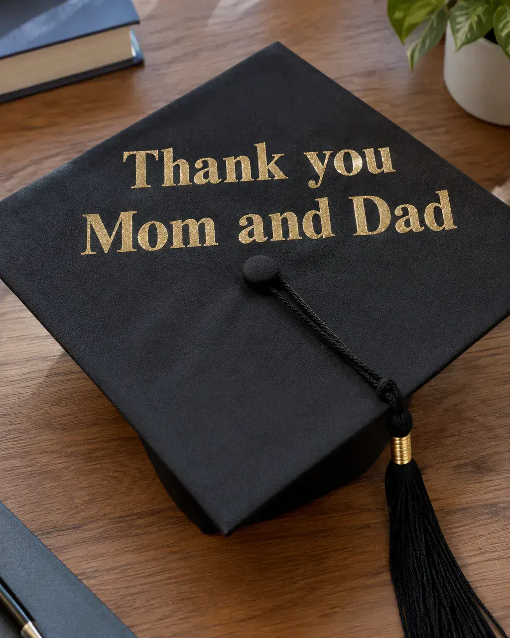 A black graduation cap with gold letters across the top reading Thank you Mom and Dad