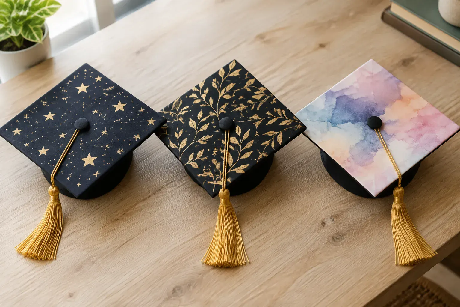 Graduation cap ideas: three black graduation caps decorated flat with stars, a gold leaf pattern and a watercolor wash