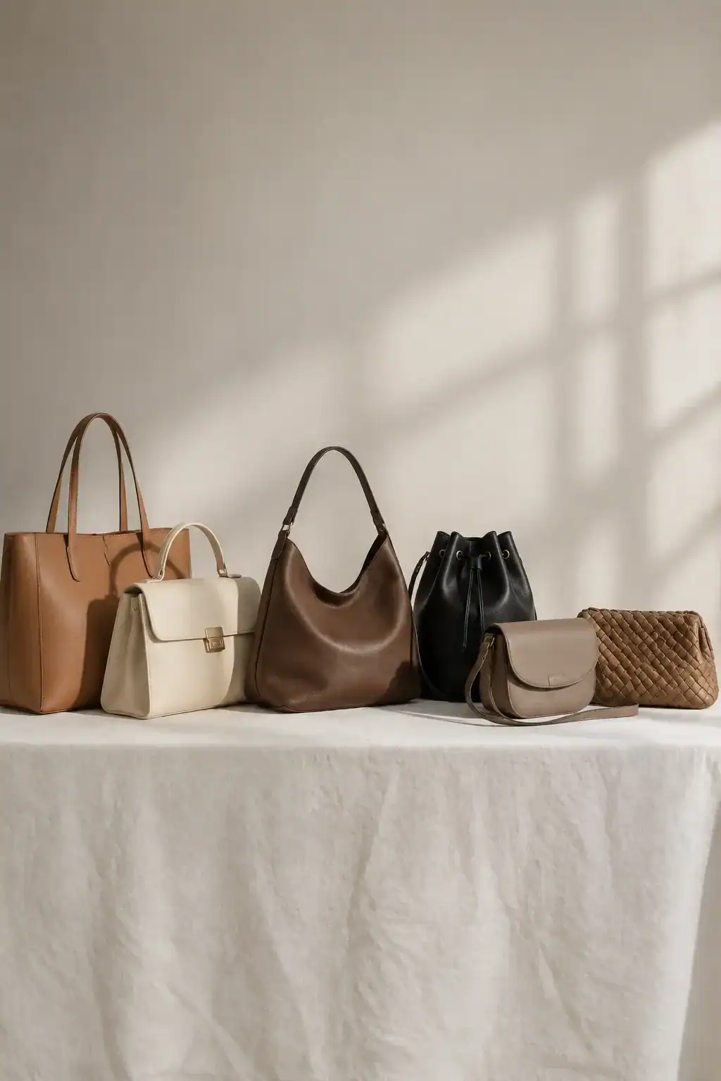 Six handbag shapes lined up on a pale linen surface.
