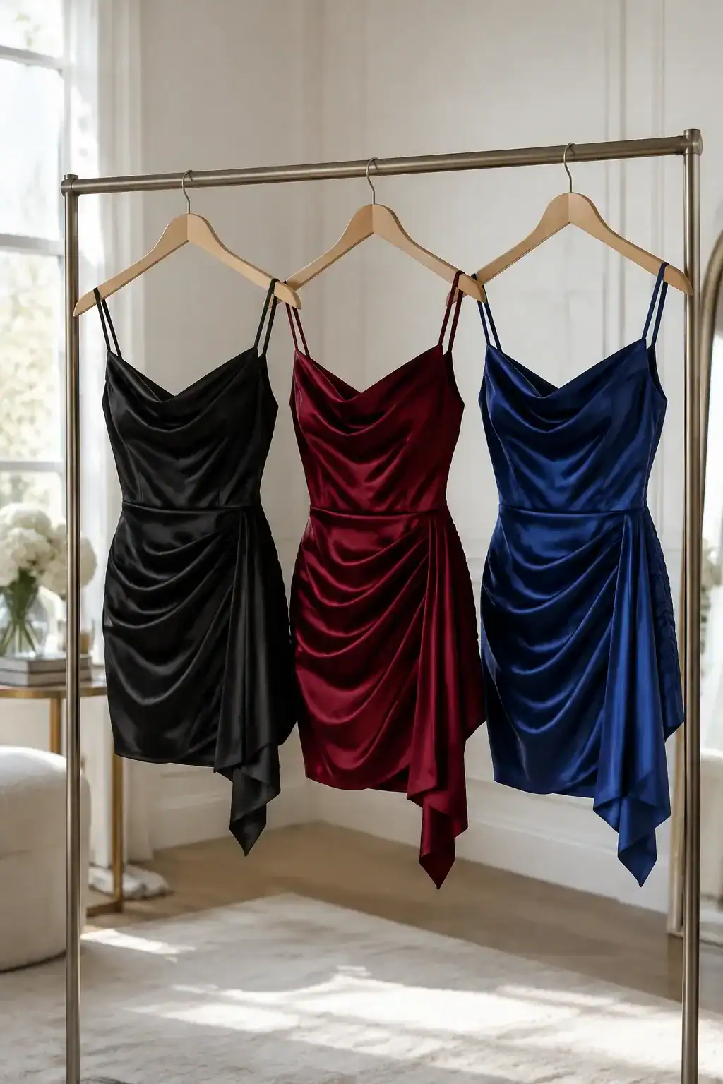 Three short satin party dresses in black, burgundy and royal blue on a clothing rail.