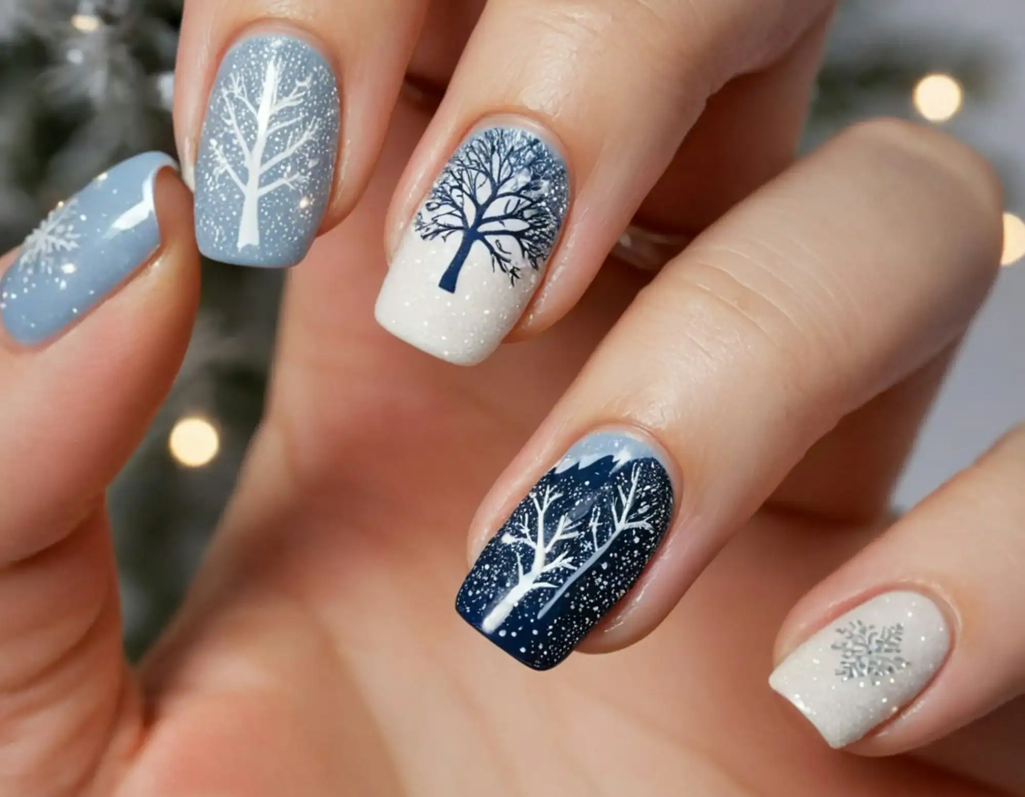 Icy blue, navy and white winter nails with painted bare trees and snowflakes