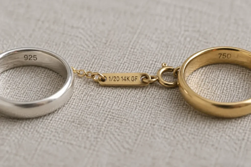 Jewelry stamps up close: 925 inside a silver ring, 1/20 14K GF on a clasp tag, 750 inside a gold ring
