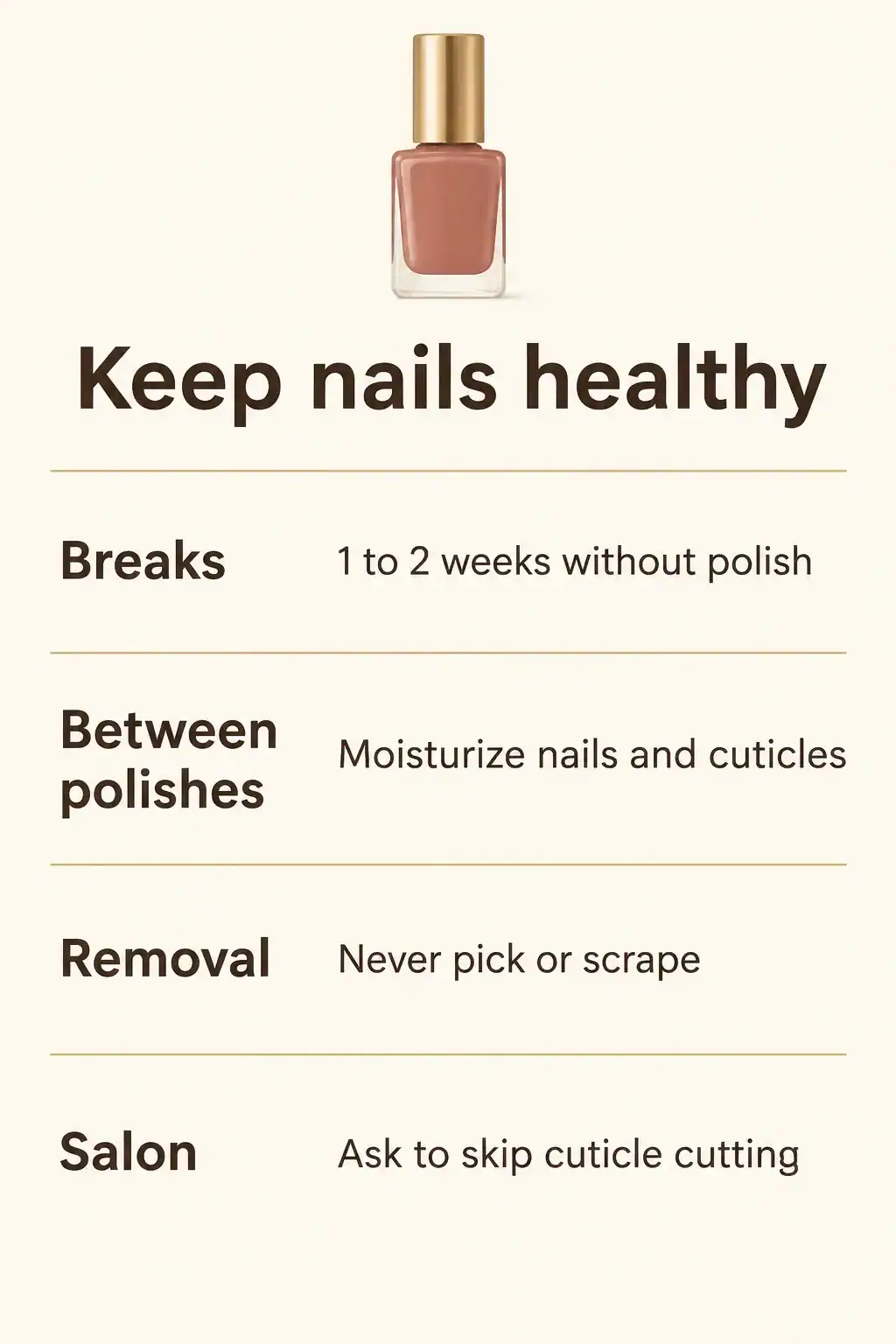 Nail care card: take 1 to 2 weeks without polish, moisturize nails and cuticles between polishes, never pick or scrape polish off and ask the salon to skip cuticle cutting
