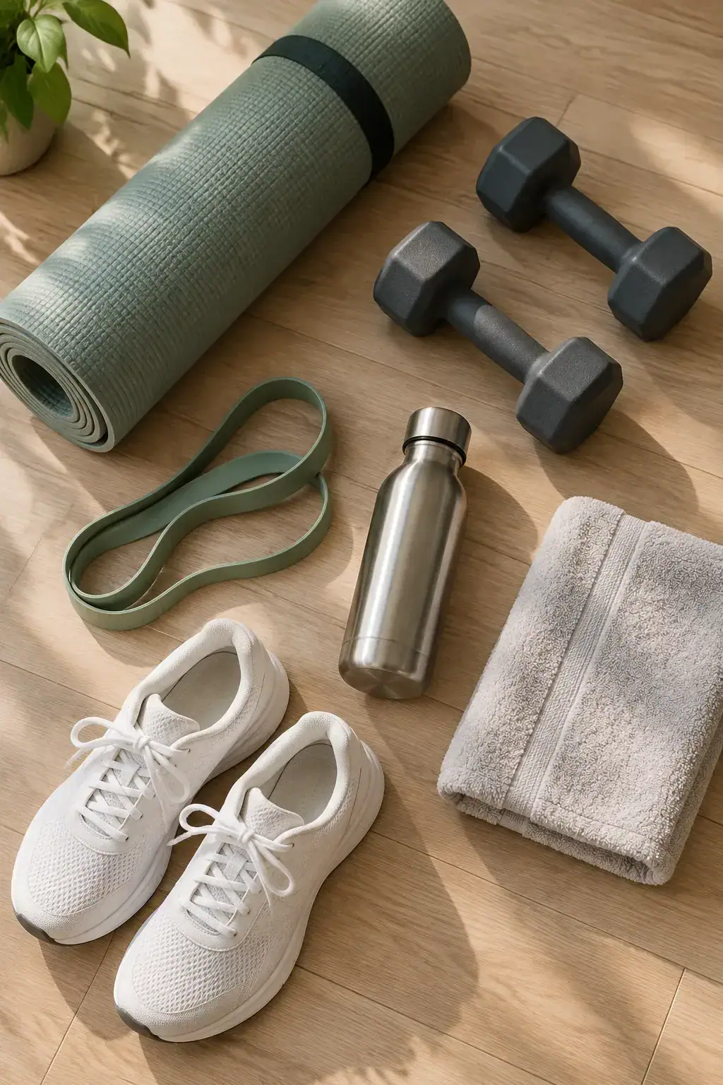 Dumbbells, a resistance band, a water bottle and sneakers on a yoga mat