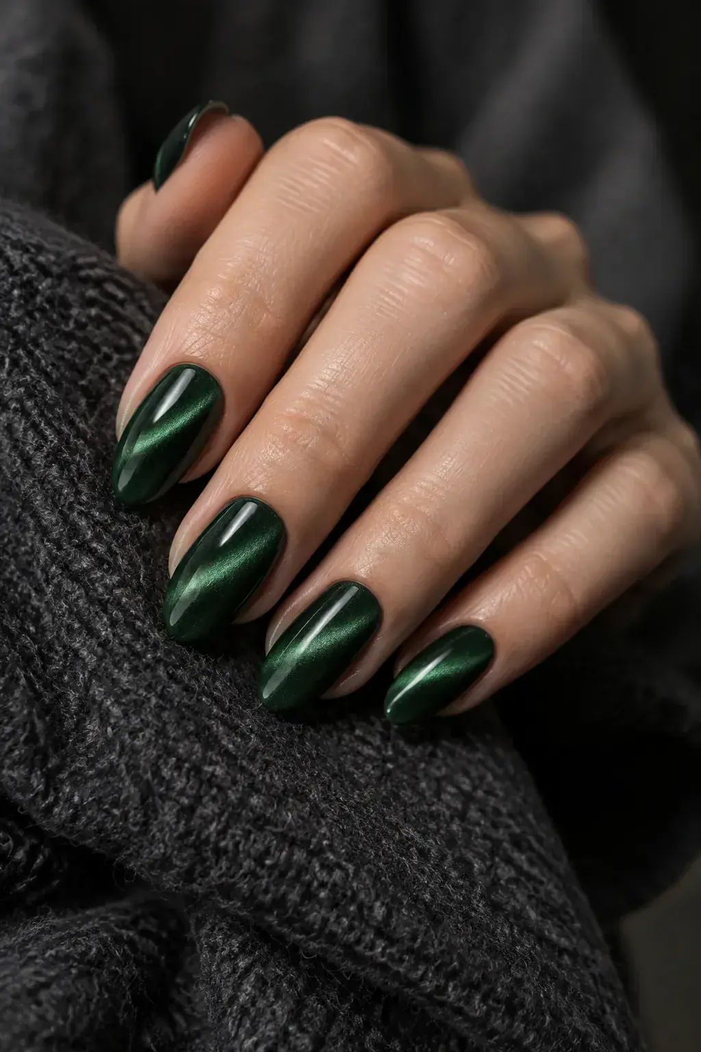 Almond nails in deep emerald cat-eye polish with a soft diagonal band of light.