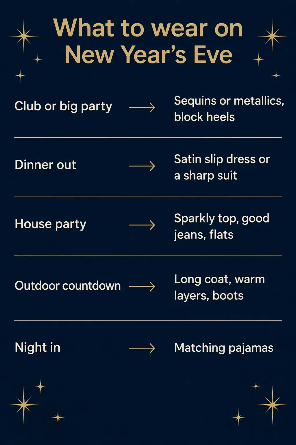 Decision chart: New Year's Eve outfits by plan, from sequins for a club to a long coat for an outdoor countdown