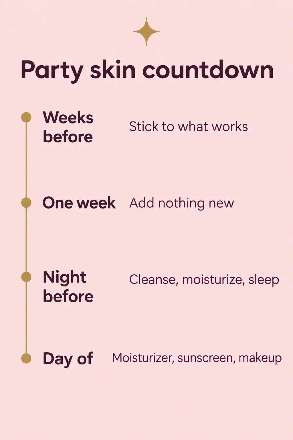 Party skin countdown: stick to what works for weeks, add nothing new in the last week, cleanse, moisturize and sleep the night before, moisturizer then sunscreen then makeup on the day