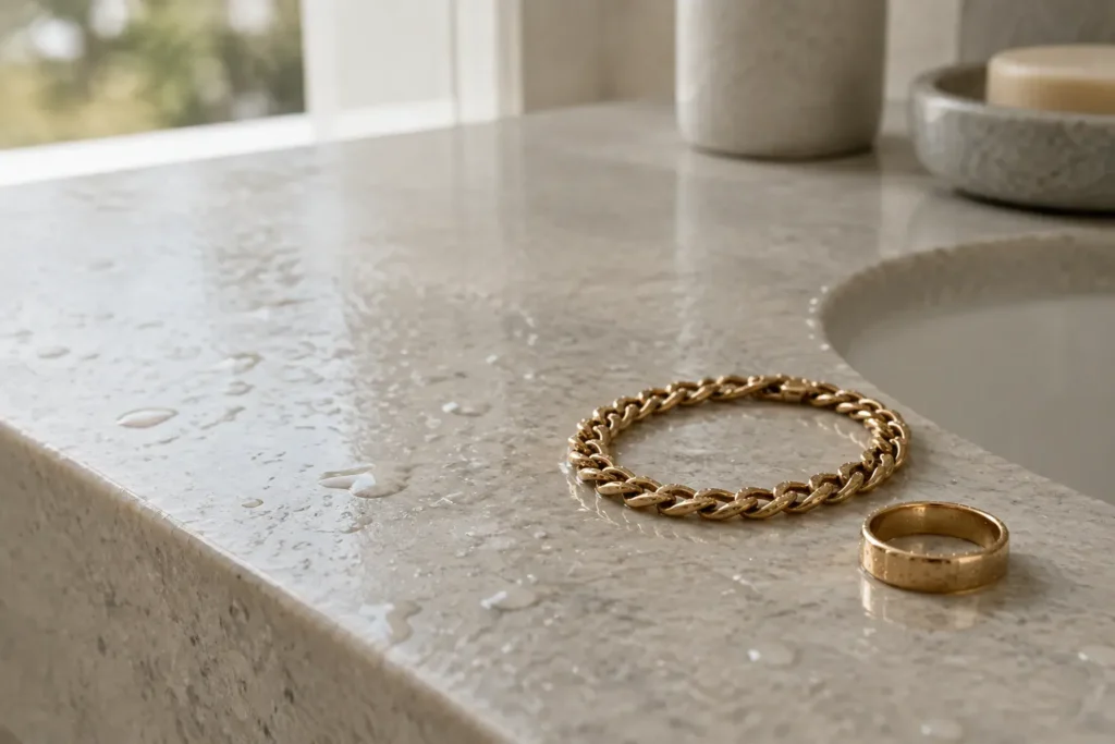 Gold-colored stainless steel chain bracelet and ring with water droplets on a stone bathroom counter