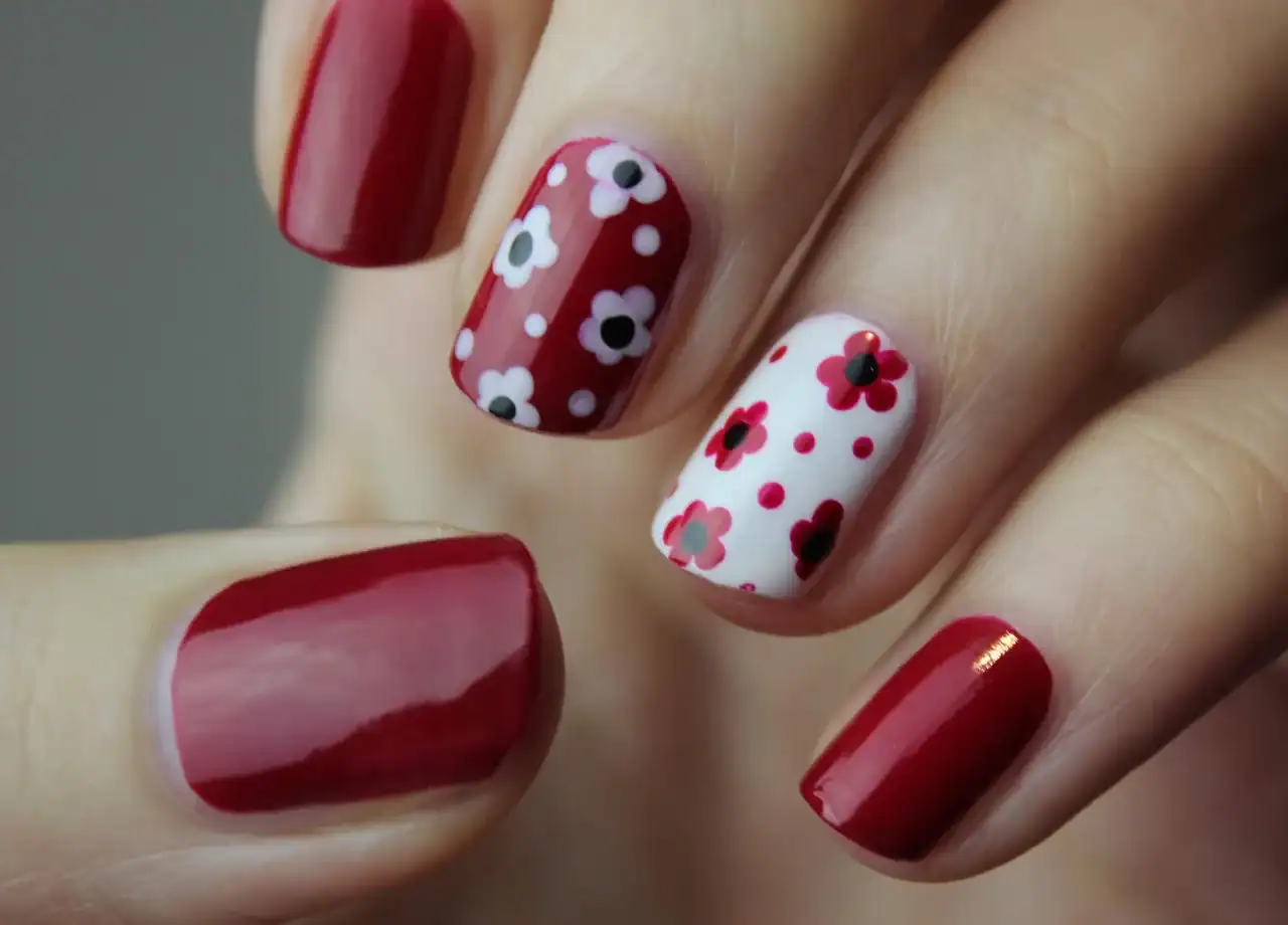 Glossy red manicure with white dotted accent nails