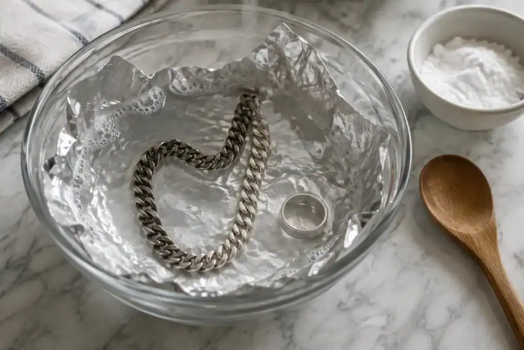 A tarnished silver chain and ring resting on aluminum foil in a glass bowl of hot water with baking soda, half of the chain already bright.